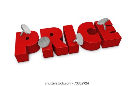 One 3d render of the word price fixed with four pins