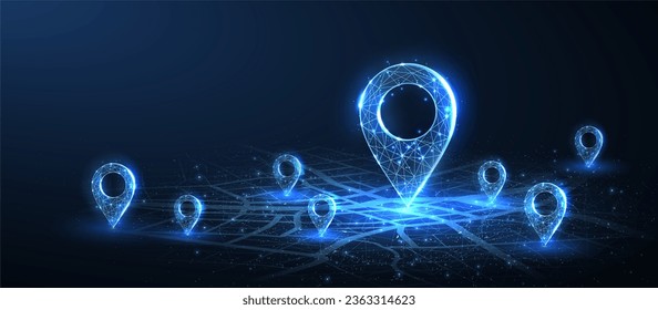 Un gran icono abstracto en el mapa de la ciudad con unos cuantos pines pequeños. Entrega de transporte, localización de mapas, logística de transporte, navegación turística, concepto. Navegación Gps, nueva ubicación. Fondo azul