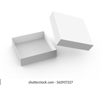 One Blank Empty Open Box In 3d Illustration Isolated On White Background, Its Lid Flying In The Air