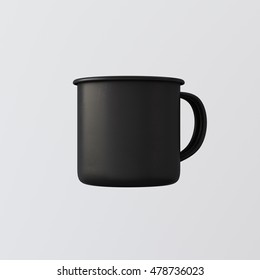 One Blank Matte Black Color Metal Coffee Mug Isolated Empty Background. Clean Enamel Cup Mockup Ready Corporate Design Message.Vintage Style.Horizontal Studio Shooting Side View. 3d rendering