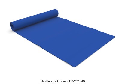 One Blue Fitness Mat On White (3d Render)