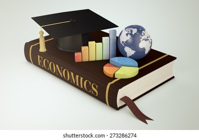 One Book With A Mortar Board, Financial Charts And A World Globe, Concept Of Faculty Of Economics (3d Render) - Elements Of This Image Furnished By NASA