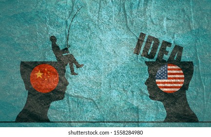 One Businessman Steal The Idea From Another. Commercial Spying Concept. National Flags Of USA And China