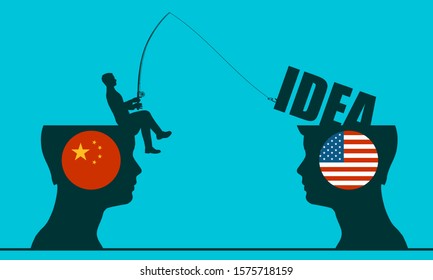 One Businessman Steal The Idea From Another. Commercial Spying Concept. National Flags Of USA And China