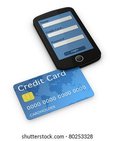 One Cell Phone With The Display Showing A Online Transaction Login Screen. There Is A Credit Card That Enters On The Phone Like A Credit Card Reader (3d Render)