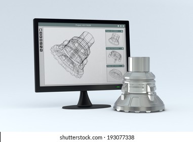 One Computer Monitor With A Cam Software And The Finished Product Near It (3d Render)