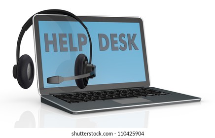 One Computer Notebook With The Text Help Desk On The Screen And Headphones With Mic Over It (3d Render)