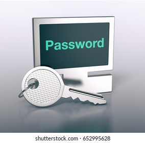 one computer shaped keyring with text, password (3d render)