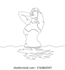 One Continuous Drawing Line Beautiful Girl In A Bikini Emerges From The Water. Beach Vacation.Single Hand Drawn Art Line Doodle Outline Isolated Minimal Illustration Cartoon Character Flat