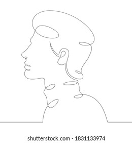 One continuous drawing line logo young man portrait profile head bust side view  Single hand drawn art line doodle outline isolated minimal illustration cartoon character flat