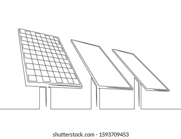 One Continuous Drawn Single Art Line Doodle Sketch Solar Panel Battery, Clean Ecological Renewable Energy, Ecology.