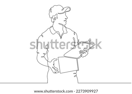 One continuous line. Courier with parcels. Mail delivery. Postman. Courier in a baseball cap. Parcel in a box. One continuous line drawn isolated, white background.