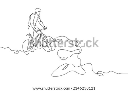 One continuous line. Cyclist on a bike in the mountains. Mountain bike. Extreme sport.Man cyclist.One continuous line drawn isolated, white background.