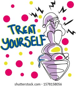 One Continuous Line Drawing Of The Cold Man Sitting On The Ice Cream.
Funny Cartoon With Treat Yourself Text.


