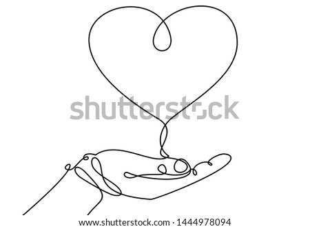 One continuous line drawing of hand holding heart.