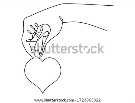 One continuous line drawing of hand holding heart. illustration