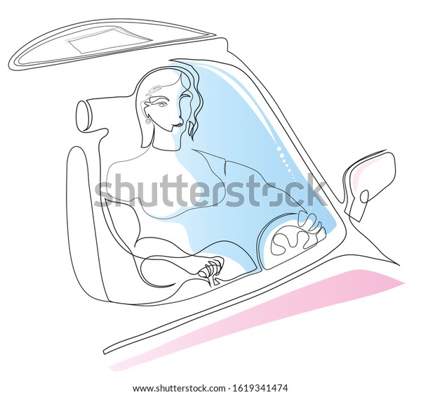 One\
continuous line drawing of woman driving a car.\
Simple line art\
drawing of Young smiling woman driving a\
car.\
