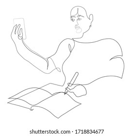 One continuous line drawing of young female student preparing for exams at home with smartphone.
Young woman student preparing for learnning at home.
