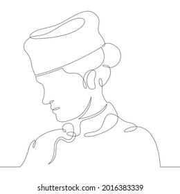 One Continuous Line
Female Character Professional Chef In A Cap, Cook Uniform.
One Continuous Drawing Line Logo Isolated Minimal Illustration.