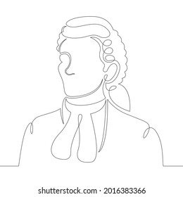 One continuous lineFemale character professional judge lawyer in wig and gown in court.One continuous drawing line logo isolated minimal illustration.