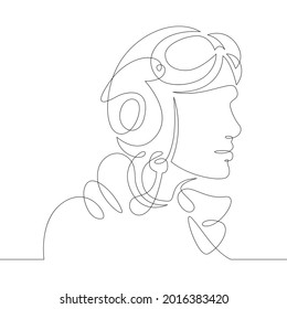 One continuous line
Female character professional aviator pilot in a retro helmet with goggles.
One continuous drawing line logo isolated minimal illustration. 