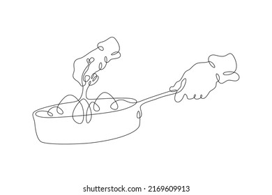 One continuous line.The hands of the cook. The cook prepares food in a frying pan. Cooking food on fire. The chef stirs the food being prepared.One continuous line is drawn on a white background. - Powered by Shutterstock