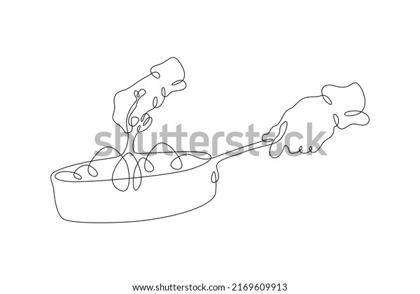 One continuous line.The hands of the cook.\
The cook prepares food in a frying pan. Cooking food on fire. The\
chef stirs the food being prepared.One continuous line is drawn on\
a white background.