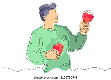One continuous line.The man drinks alcohol. Male character holding a glass of wine. Red wine. Abstract flat color illustration.