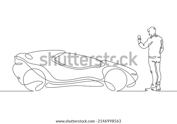 One
continuous line. A man remotely controls an electric machine.
Concept car of the future. Eco-friendly mode of transport.One
continuous line drawn isolated, white
background.