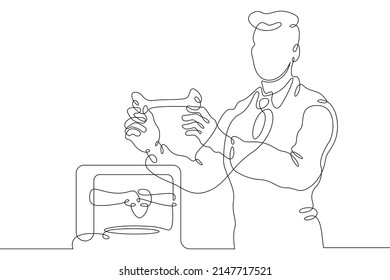 One Continuous Line.3D Printing Of Bones For Human Implantation. Bioprinter For Printing Parts Of The Human Body. The Doctor Prints The Bones On The Printer.One Continuous Line Isolated.3D Printer