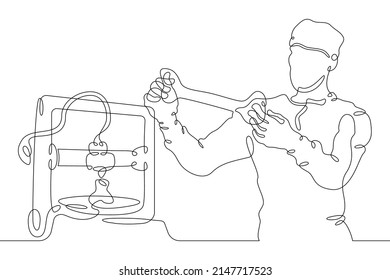 One Continuous Line.3D Printing Of Bones For Human Implantation. Bioprinter For Printing Parts Of The Human Body. The Doctor Prints The Bones On The Printer.One Continuous Line Isolated.3D Printer