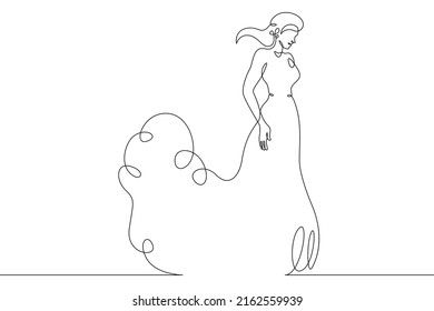 One Continuous Line.A Woman In A Beautiful Dress. Women's Fancy Dress. Female Character In A Holiday Dress. Long Pretty Hair. Portrait Of A Young Woman.One Continuous Line Is Drawn On White Background