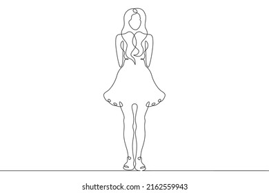 One Continuous Line.A Woman In A Beautiful Dress. Women's Fancy Dress. Female Character In A Holiday Dress. Long Pretty Hair. Portrait Of A Young Woman.One Continuous Line Is Drawn On White Background