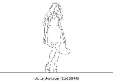 One Continuous Line.A Woman In A Beautiful Dress. Women's Fancy Dress. Female Character In A Holiday Dress. Long Pretty Hair. Portrait Of A Young Woman.One Continuous Line Is Drawn On White Background