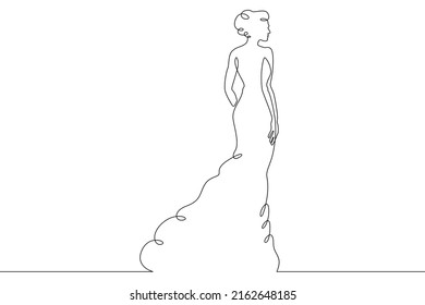 One Continuous Line.A Woman In A Beautiful Dress.Women's Fancy Dress. Female Character In A Holiday Dress. Long Pretty Hair.Portrait Of A Young Woman.One Continuous Line Is Drawn On A White Background