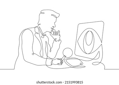 One Continuous Line.Information Security Policy. The Man Behind The Monitor. Eye On The Screen. Protection Of Information On The Internet. Specialist With Magnifying Glass.One Continuous Line Drawn