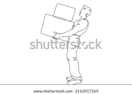 One continuous line.Porter.The loader delivers the goods in boxes. Transportation and shipping. The loader carries the boxes.One continuous line is drawn on a white background.