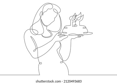 One continuous line.Young mother with a birthday cake for children. Girl with a birthday cake in her hands. Birthday holiday.Continuous line drawing.Line Art isolated white background. - Powered by Shutterstock