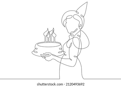 One continuous line.Young mother with a birthday cake for children. Girl with a birthday cake in her hands. Birthday holiday.Continuous line drawing.Line Art isolated white background. - Powered by Shutterstock