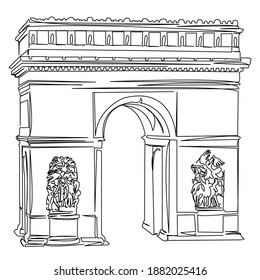 One continuous single drawing line art doodle arch, monument, vector, architecture, paris, triumphal, tourism. Isolated flat illustration hand draw contour on a white background