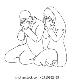 One Continuous Single Drawing Line Art Flat Doodle Muslim, Couple, People, Arabic, Islam, Love, Pray. Isolated Image Hand Draw Contour On A White Background
