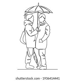 One continuous single drawing line art flat doodle woman, cartoon, people, fashion, umbrella, rainy, autumn. Isolated image hand draw contour on a white background
