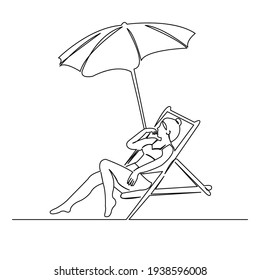 One Continuous Single Drawing Line Art Flat Doodle Sea, Female, Beach, Girl, Vacation, Sand, Relax, Sun, Holiday, Umbrella. Isolated Image Hand Draw Contour On A White Background
