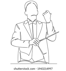 One continuous single drawing line art flat doodle music, man, conductor, orchestra, concert, symphony, musician, professional, director. Isolated image hand draw contour on a white background