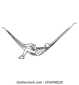 One Continuous Single Drawing Line Art Flat Doodle Girl, Relax, Hammock, Relaxation, Book. Isolated Image Hand Draw Contour On A White Background
