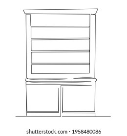 One Continuous Single Drawing Line Art Flat Doodle Bookcase, Interior, Book, Bookshelf, Furniture, Library. Isolated Image Hand Draw Contour On A White Background
