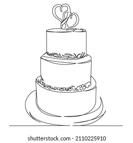 One Continuous Single Drawing Line Art Flat Doodle Cake, Wedding, Flower, Rose, Dessert, Food. Isolated Image Hand Draw Contour On A White Background
