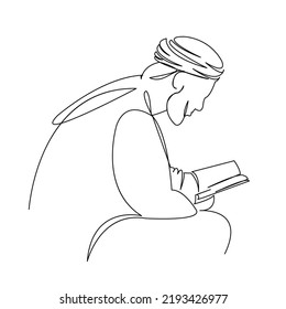 One continuous single drawing line art flat doodle muslim man reads the quran and prays alah religion. Isolated image hand draw contour on a white background