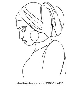 One Continuous Single Drawing Line Art Flat Doodle Happy, Woman, Beautiful, Headscarf, People, Traditional, Fashion. Isolated Image Hand Draw Contour On A White Background
