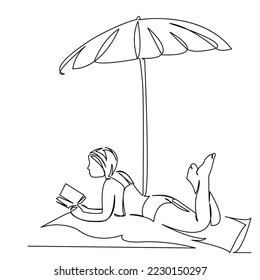 One continuous single drawing line art flat doodle sea, girl, umbrella, beach, vacation, bikini. Isolated image hand draw contour on a white background